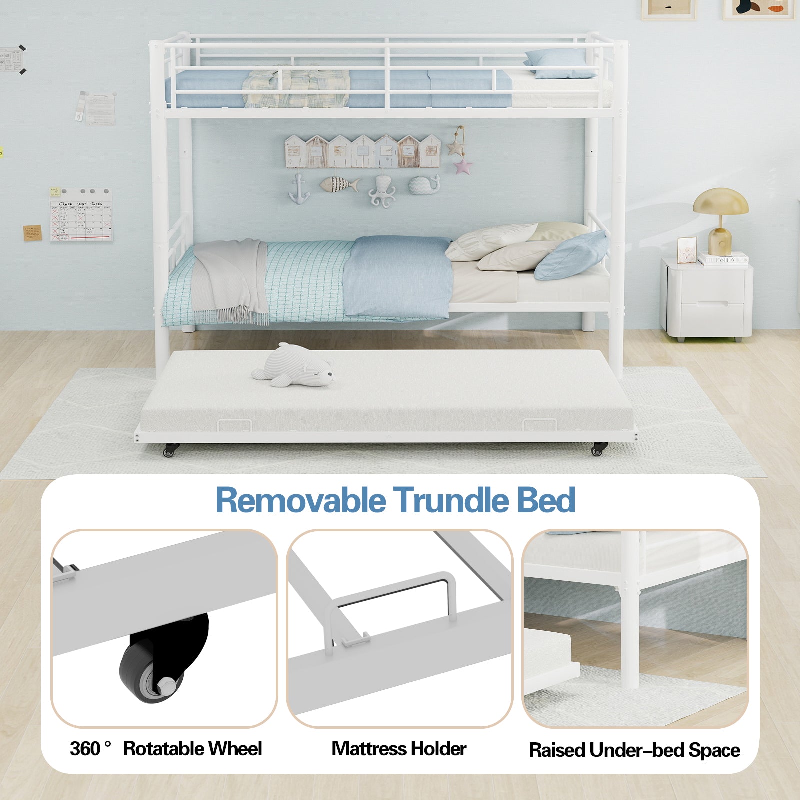 Kdymod Triple Bunk Bed Twin over Twin with Twin Trundle, Bunk Bed with Convertible 2-in-1 Design, Metal Bunk Bed Frame with Ladder & Safety Guardrail, Space-Saving for Teens and Adults, White