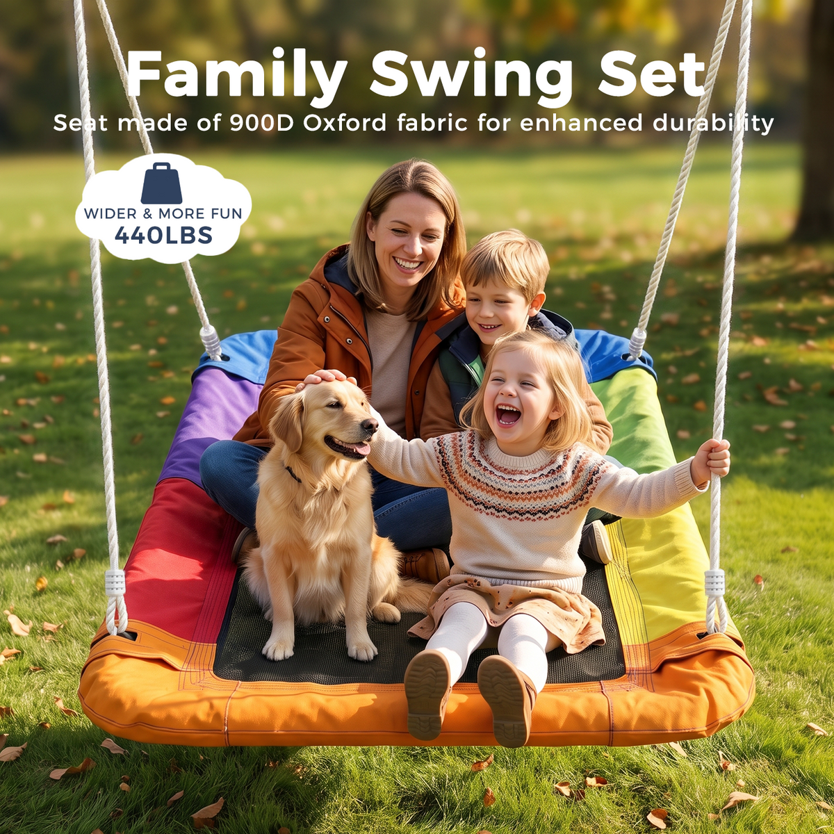 Kdymod 60 Inch Rectangular Platform Swing Set, PP + 900D Oxford Cushion, Metal A-Frame Swing for Backyard, 440 Lbs Capacity, Adjustable Ropes & Ground Nails, Blue