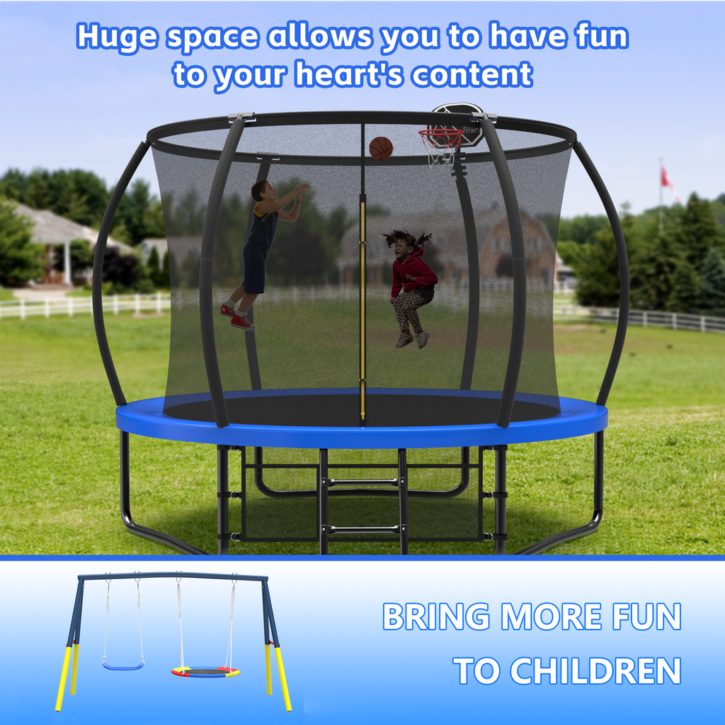 Mersco 10FT Heavy Duty Trampoline with Enclosure Net ,Swing Set Outdoor Big Trampoline for Backyard, Kids Trampoline with Basketball Hoop,Kids Birthday and Festival Gifts,Blue