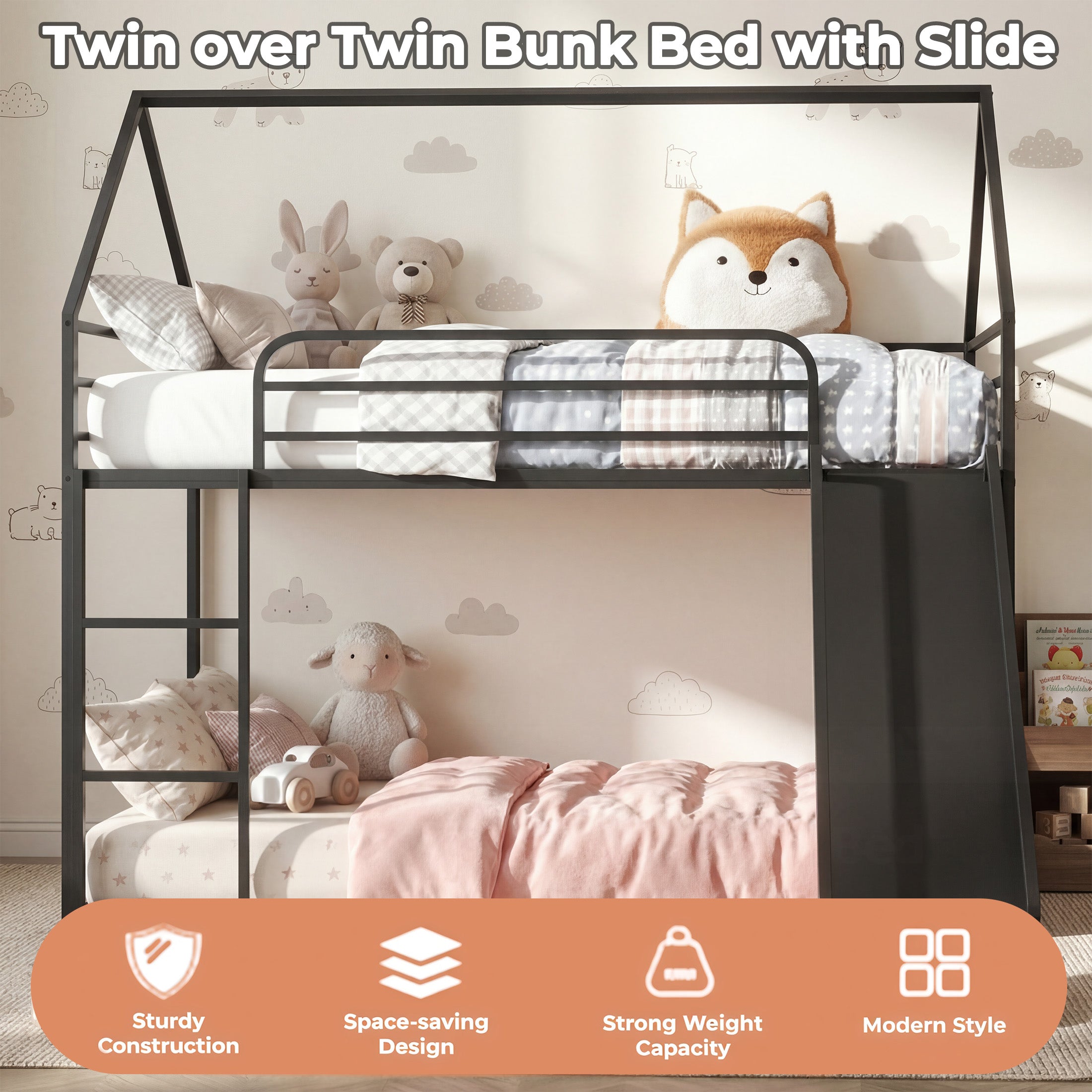 Uiowio Twin over Twin Bunk Bed with Stairs, Floor Bunk Bed Frame with Convertible Slide, Heavy Duty Metal Low Bed with House Shape and Roof, Black