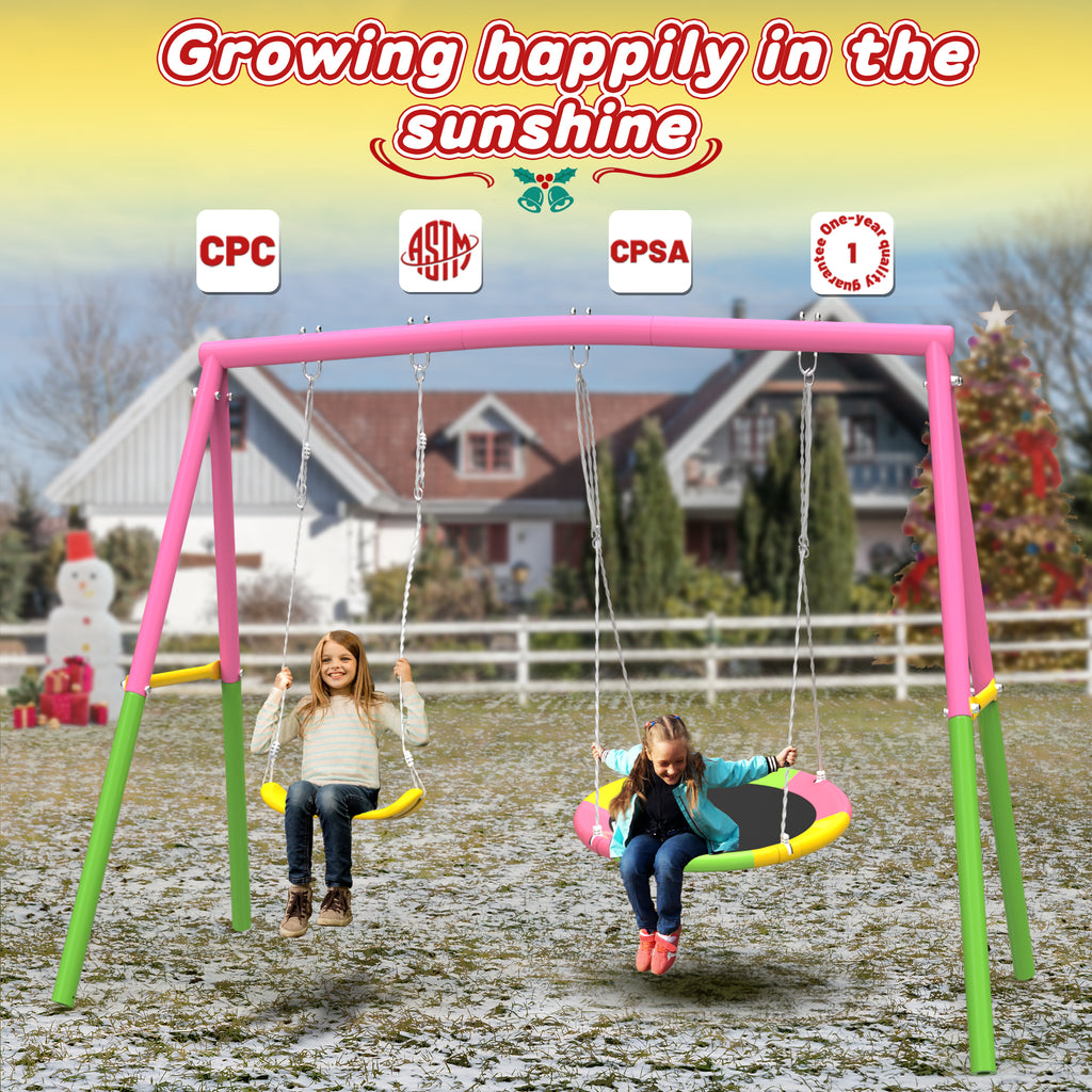 Mersco 2-in-1 Swing Set for Backyard with Stand, Swing Heavy Duty 440lbs Metal Outdoor Swing Stand, Contain 1 Saucer 32" & 1 Belt Seat 26.2" for Playground, Backyard Playset,Pink