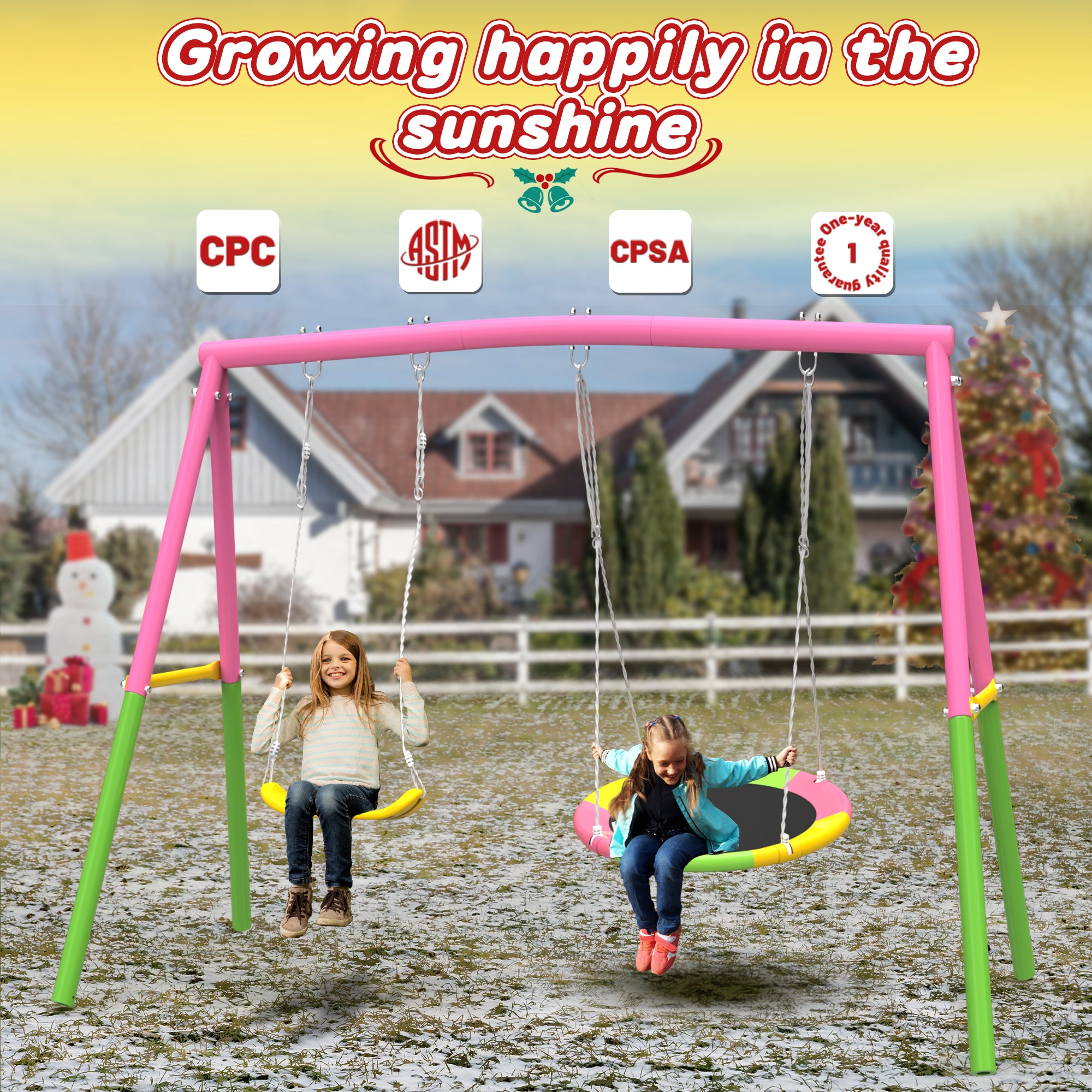 Mersco 2-in-1 Swing Set for Backyard with Stand, Swing Heavy Duty 440lbs Metal Outdoor Swing Stand, Contain 1 Saucer 32" & 1 Belt Seat 26.2" for Playground, Backyard Playset,Pink
