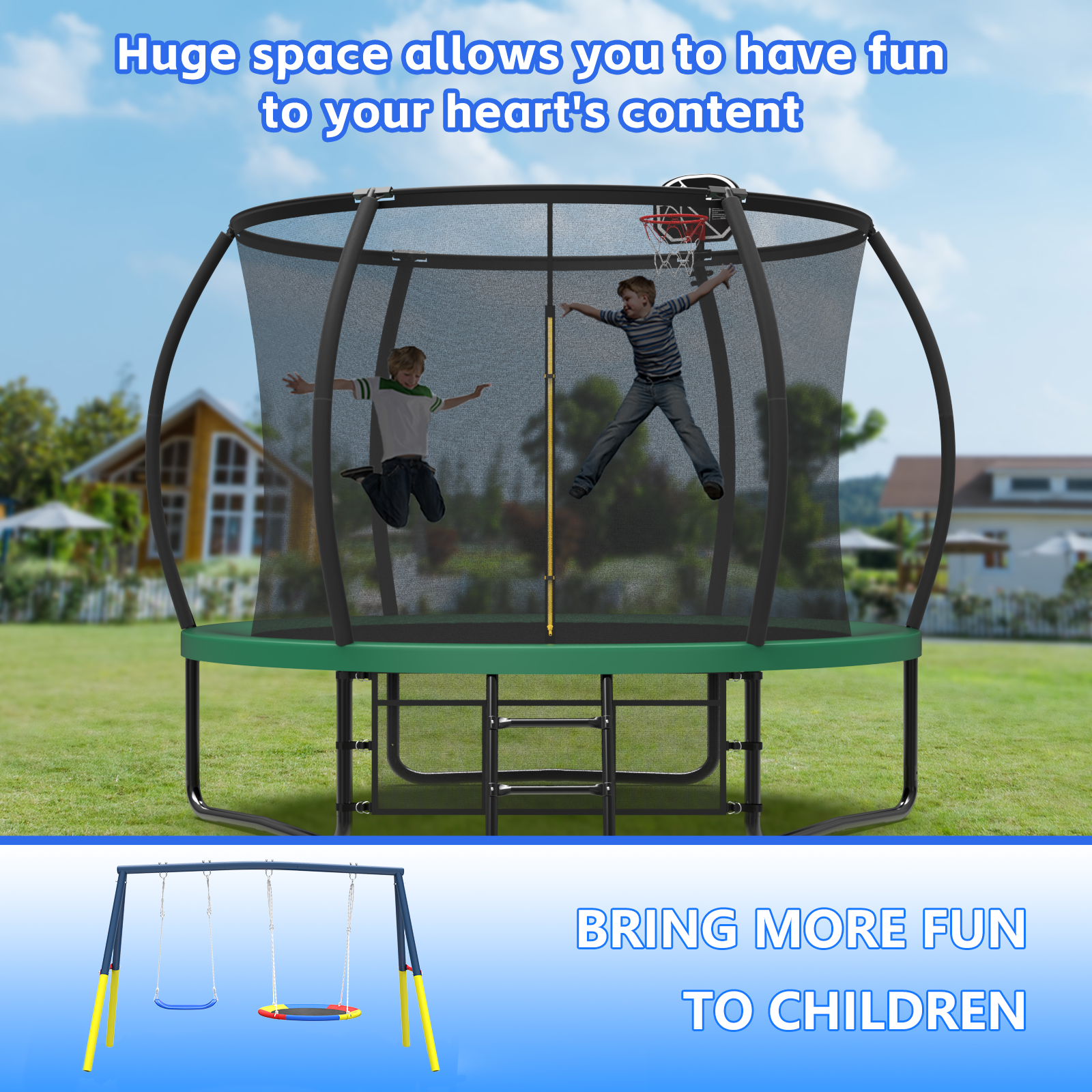 Mersco 10FT Heavy Duty Trampoline with Enclosure Net , Swing Set Outdoor Big Trampoline for Backyard, Kids Trampoline with Basketball Hoop, Kids Birthday and Festival Gifts,Green