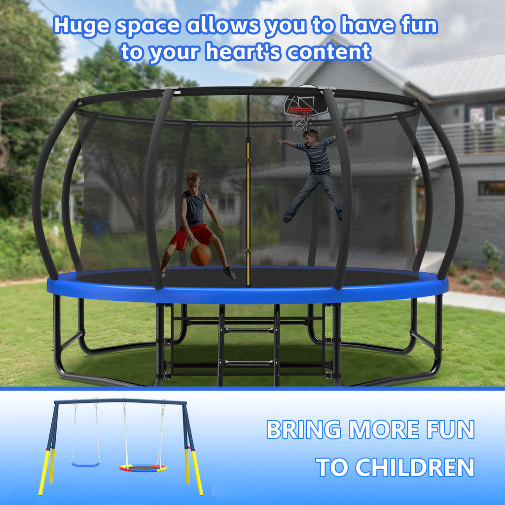 Mersco 12FT Heavy Duty Trampoline with Enclosure Net , Swing Set Outdoor Big Trampoline for Backyard, Kids Trampoline with Basketball Hoop,Kids Birthday and Festival Gifts, Blue