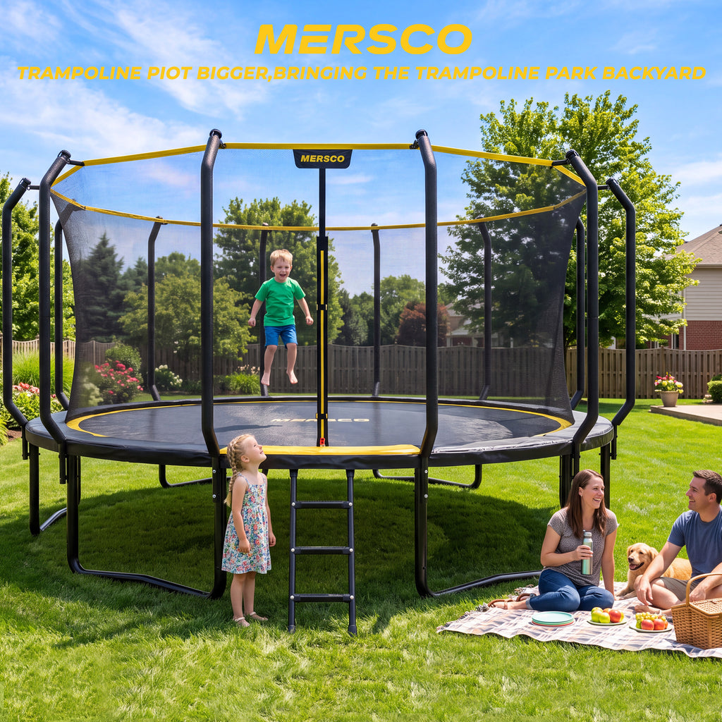 Mersco 16FT Kids Trampoline, Heavy Duty Outdoor Trampoline with Safety Enclosure Net and Upgraded Ladder for Backyard Family Fun, Jumping Trampoline SUPER
