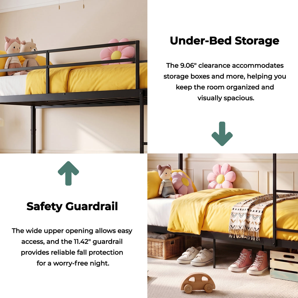 Kdymod Twin over Twin Metal Bunk Bed with Convertible 2-in-1 Design, Metal Bunk Bed Frame with Ladder & Safety Guardrail, Space-Saving for Teens and Adults, Black
