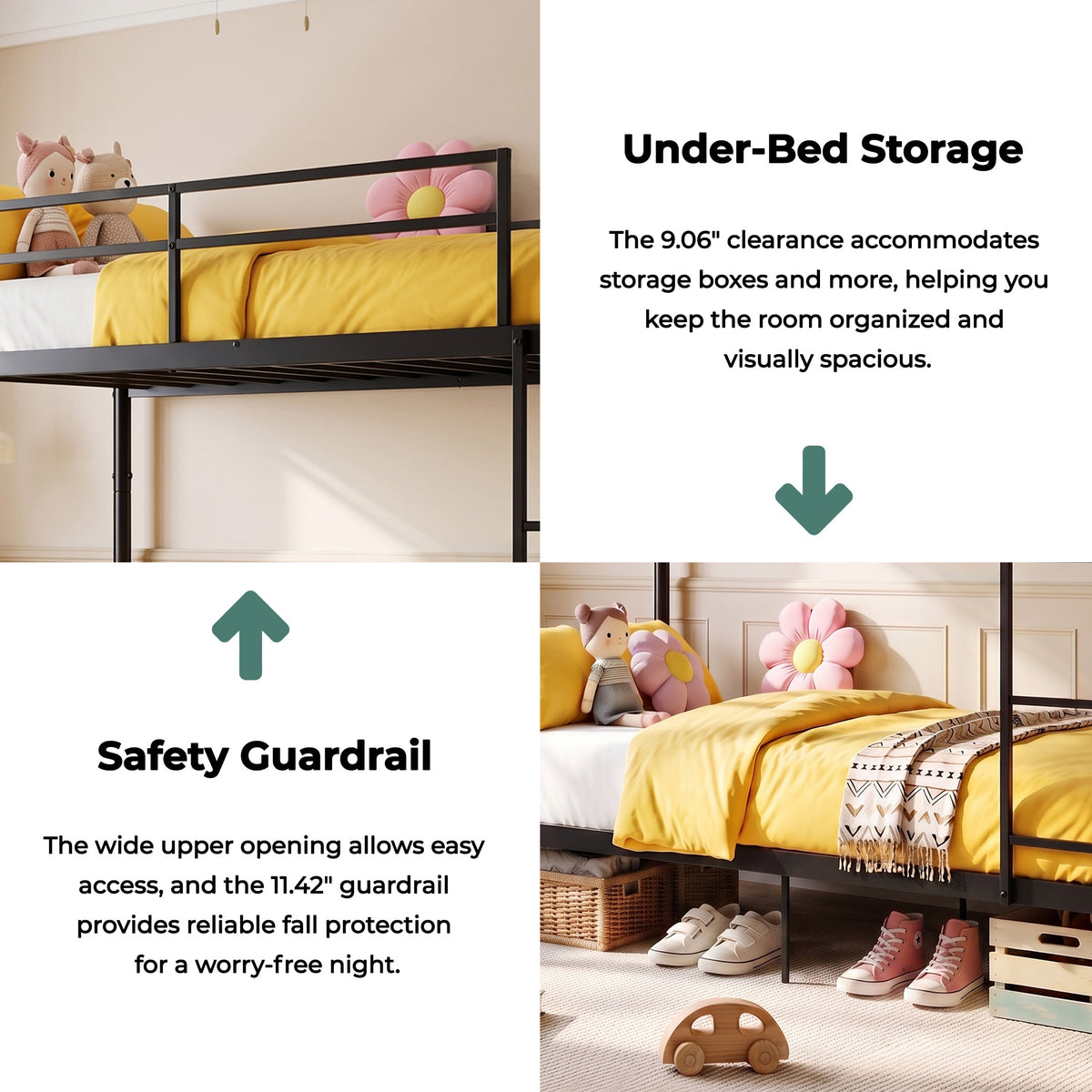 Kdymod Twin over Twin Metal Bunk Bed with Convertible 2-in-1 Design, Metal Bunk Bed Frame with Ladder & Safety Guardrail, Space-Saving for Teens and Adults, Black