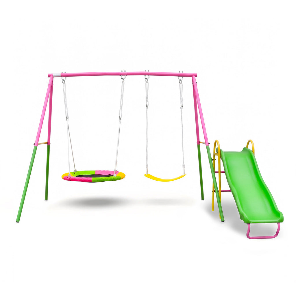 Mersco 3-in-1 Swing Set for Backyard with Slide, Swing Heavy Duty 440lbs Metal Outdoor Swing Stand, Contain 1 Saucer 32" and 1 Belt Seat 26.2" ,Slide for Playground, Backyard Playset