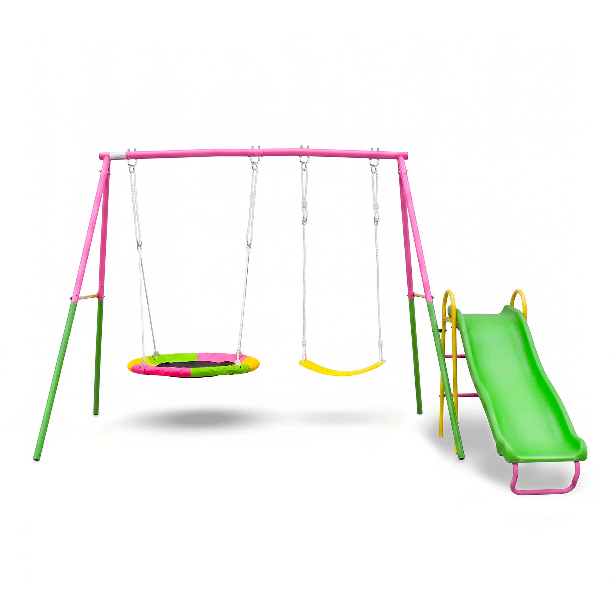 Mersco 3-in-1 Swing Set for Backyard with Slide, Swing Heavy Duty 440lbs Metal Outdoor Swing Stand, Contain 1 Saucer 32" and 1 Belt Seat 26.2" ,Slide for Playground, Backyard Playset