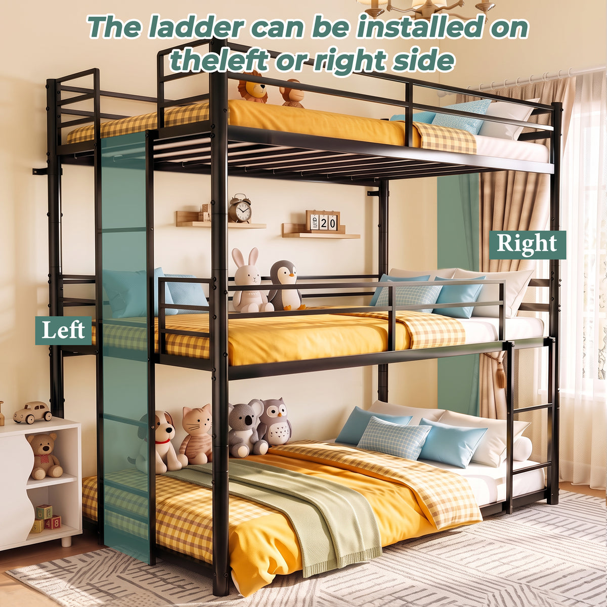 Kdymod Triple Bunk Bed Twin over Twin over Twin with 2 Ladders & Guardrails, Includes 3 Twin 6" Memory Foam Mattresses, Heavy Duty Detachable Metal Bed Frame, Converts to 3 Separate Beds