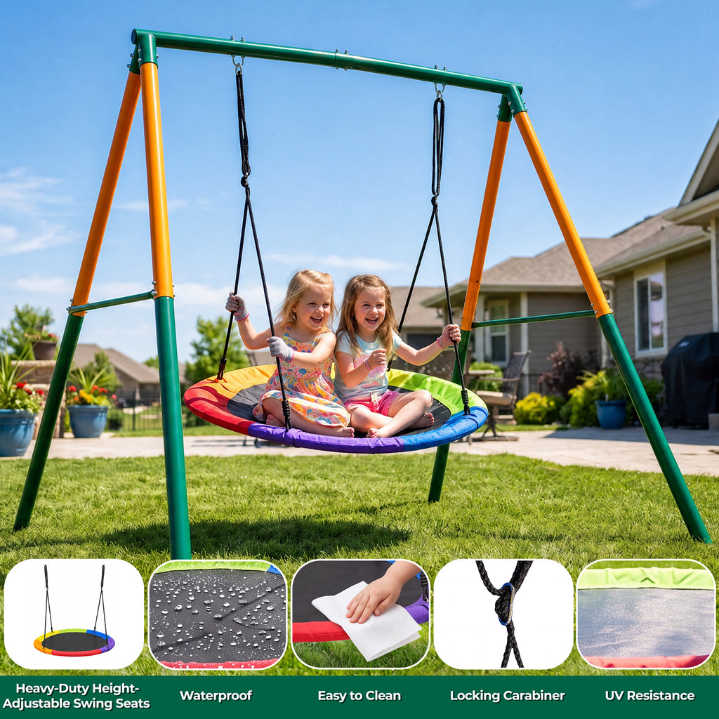 Mersco 48"Swing Set for Backyard with Stand,440 LBS Saucer Swing for Kids Outdoor with Heavy-Duty Metal Frame & Adjustable Ropes Round Swing,Green