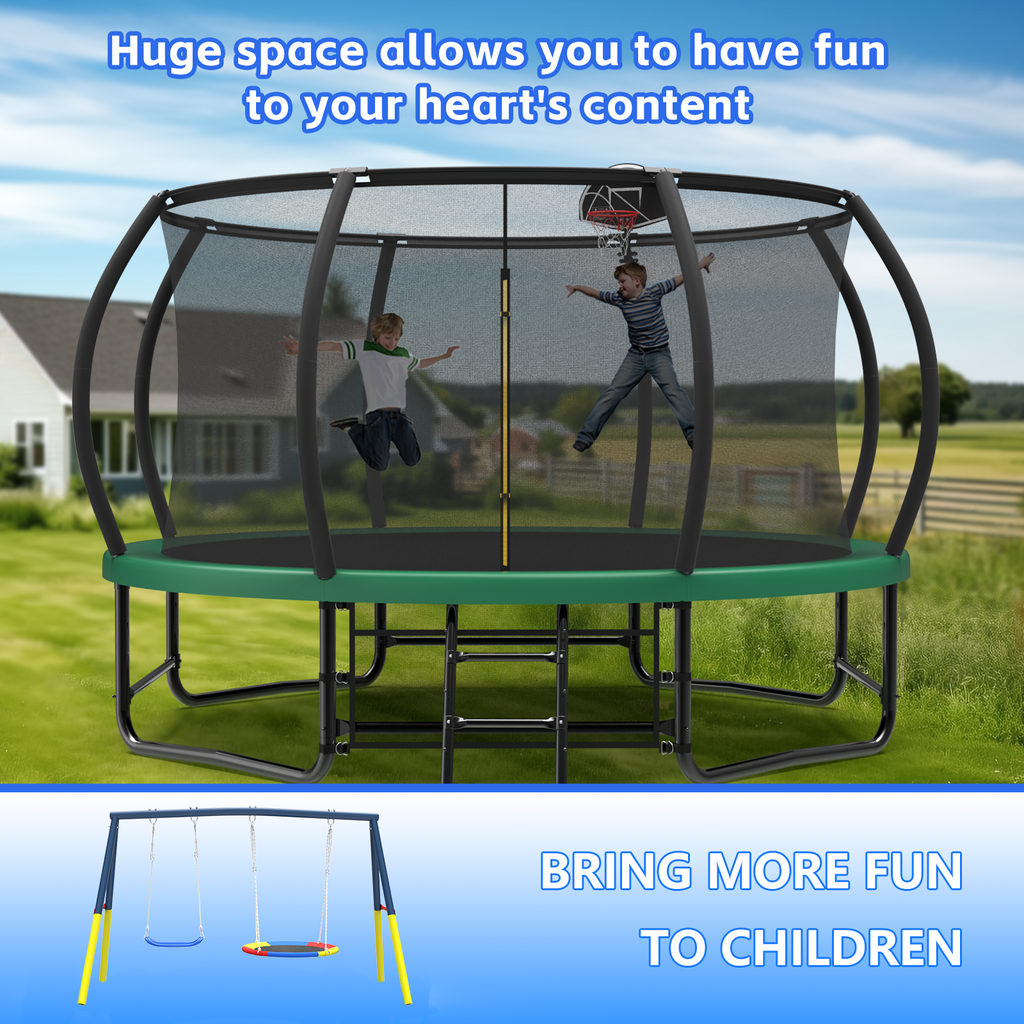 Mersco 12FT Heavy Duty Trampoline with Enclosure Net & Swing Set Outdoor Big Trampoline for Backyard,Kids Trampoline with Basketball Hoop,1320LBS Capacity,Birthday & Holiday Gifts for Kids,Green