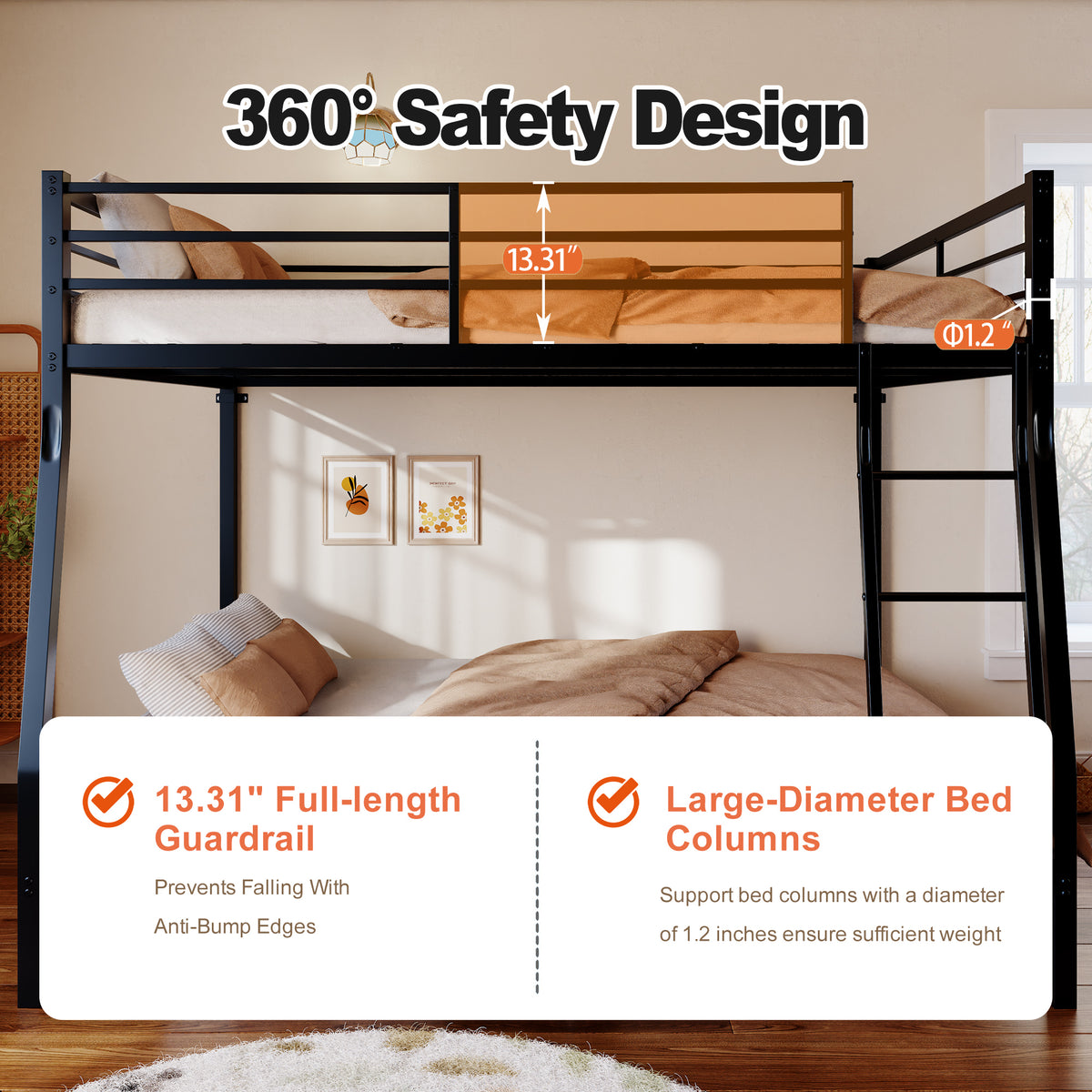 Netrum Full over Queen Bunk Bed for Teens Adults,Heavy Duty Metal Bunk Beds Frame, with Ladder & Storage,Full Bunk Bed with Safe Guardrail, No Box Spring Needed