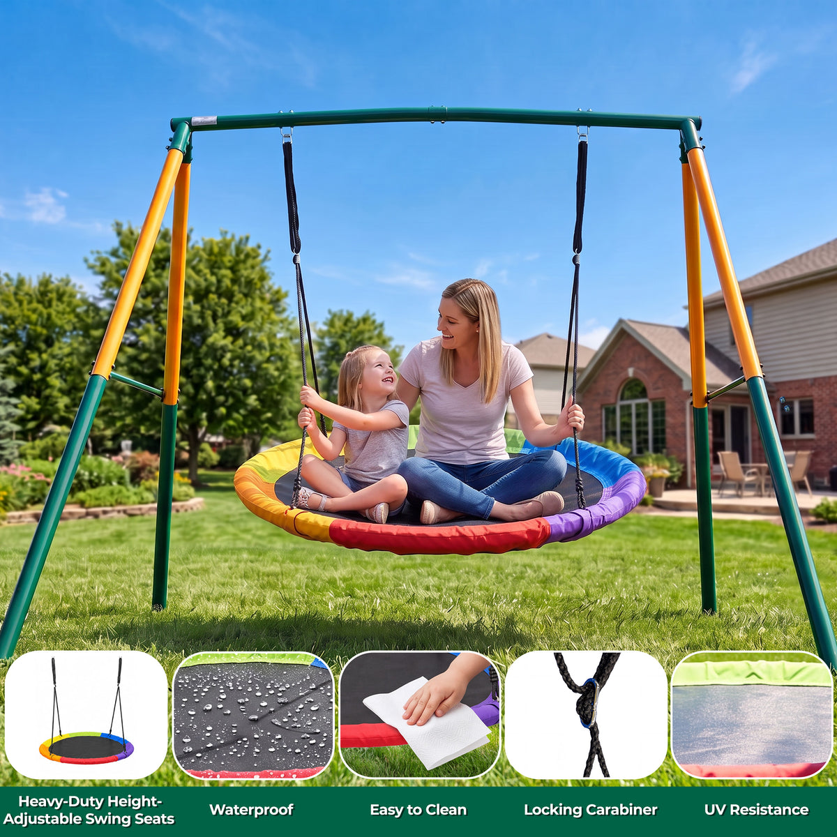 Mersco 60" Saucer Swing with Stand for Adults & Kids, Extra-Large Detachable Round Swing, 440 lbs Heavy-Duty A-Frame for Small Backyards & Camping,Green