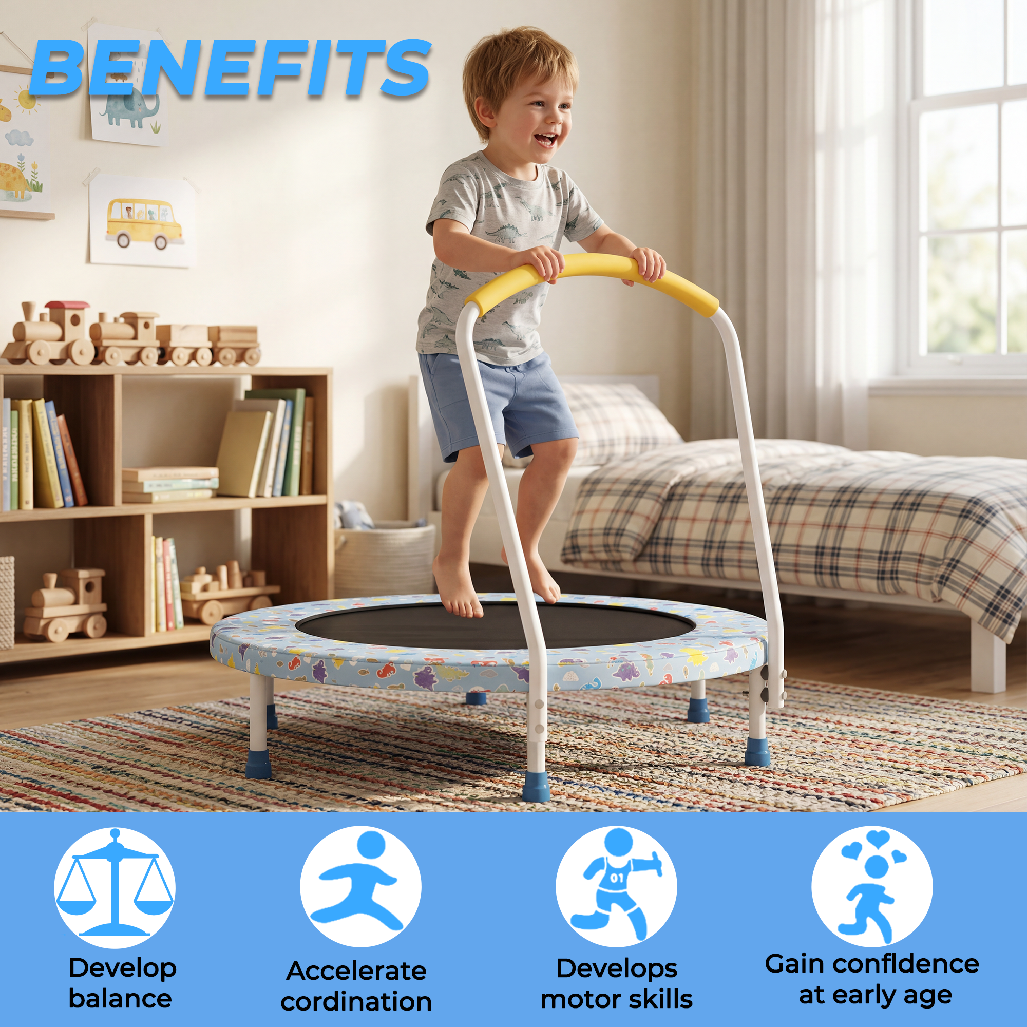 Mersco 36" Trampoline for Kids Indoor Trampoline with Handle for 2+ Years Kids Print Blue