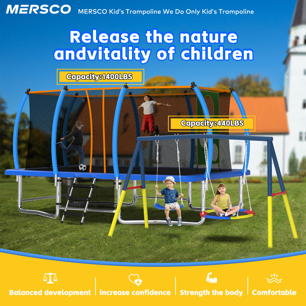 Mersco 8x14FT 4-in-1 Trampoline with Swing Set , Enclosure Net, Recreational Trampoline, Outdoor Kids and Adults Trampoline for Backyard, Beach, Birthday Gifts,Blue