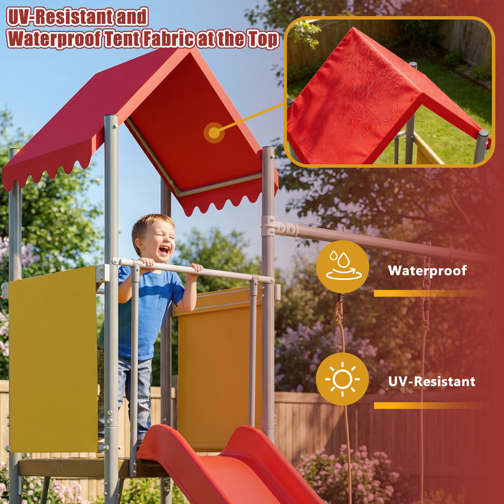 Mersco Metal Treehouse Swing Set with Slide,Heavy Duty Swing A-Frame Stand with 2 Belt Swings,Treehouse Slide with UV Resistant Canopy and Ladder,Outdoor Playset Slide Swing Set for Backyard