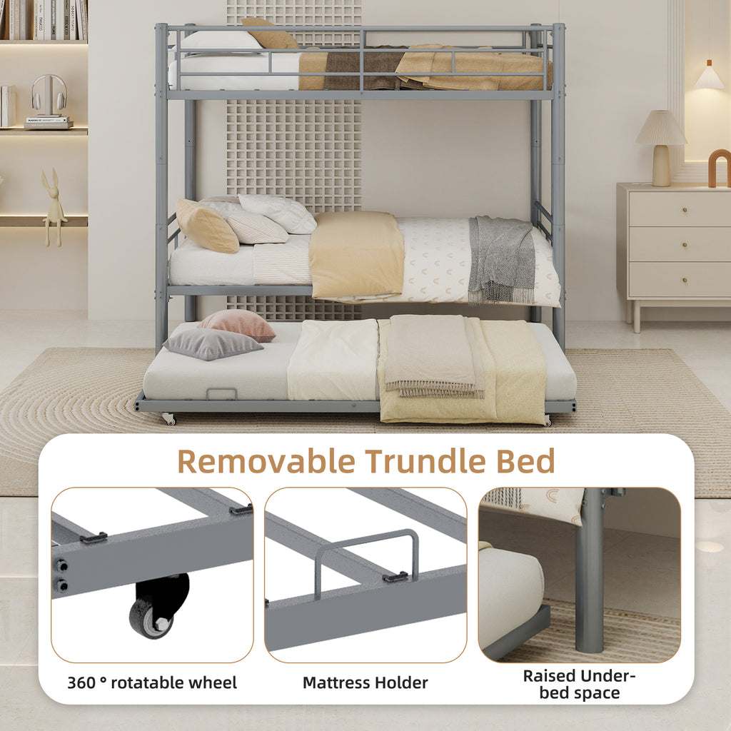 Uiowio Triple Bunk Bed Twin over Twin with Trundle,Triple Twin Bunk Bed with Ladder & Guardrail,Metal Convertible Triple Bunk Bed Frame for Teen & Adult,Bedroom,Dorm,Silver(Mattress not included)