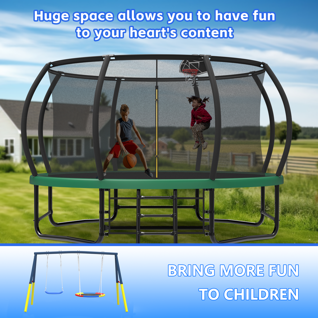 Mersco 14FT Heavy Duty Trampoline with Enclosure Net , Swing Set Outdoor Big Trampoline for Backyard, Kids Trampoline with Basketball Hoop, Kids Birthday and Festival Gifts,Green