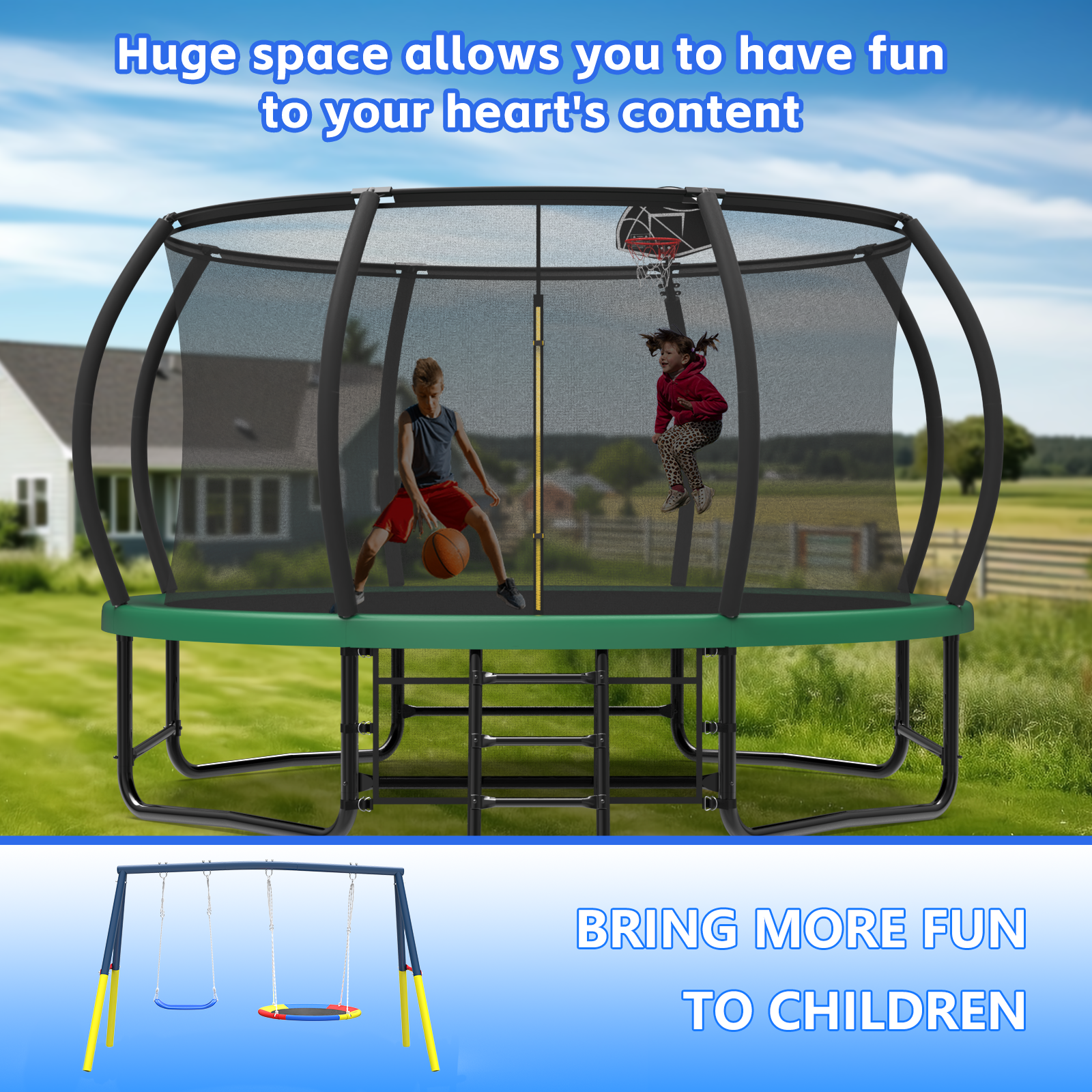 Mersco 14FT Heavy Duty Trampoline with Enclosure Net , Swing Set Outdoor Big Trampoline for Backyard, Kids Trampoline with Basketball Hoop, Kids Birthday and Festival Gifts,Green