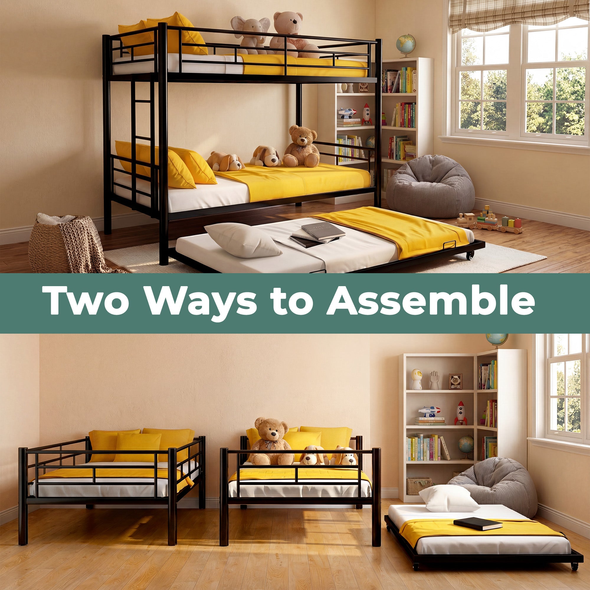 Kdymod Triple Bunk Bed Twin over Twin with Trundle, Convertible Metal Bunk Bed Frame with Ladder & Safety Guardrail, Space-Saving for Teens and Adults, Bedroom Dorm, Black