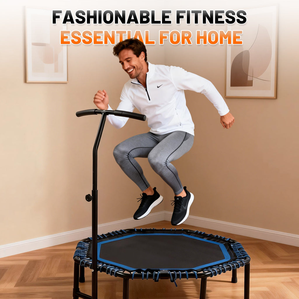 Mersco 48'' Foldable Fitness Trampoline With Adjustable Handlebar for Adults, 450LBS Indoor Sports Trampoline With Durable Bungee Ropes,Quiet Exercise Rebounder for Cardio and Strength Training ,Blue