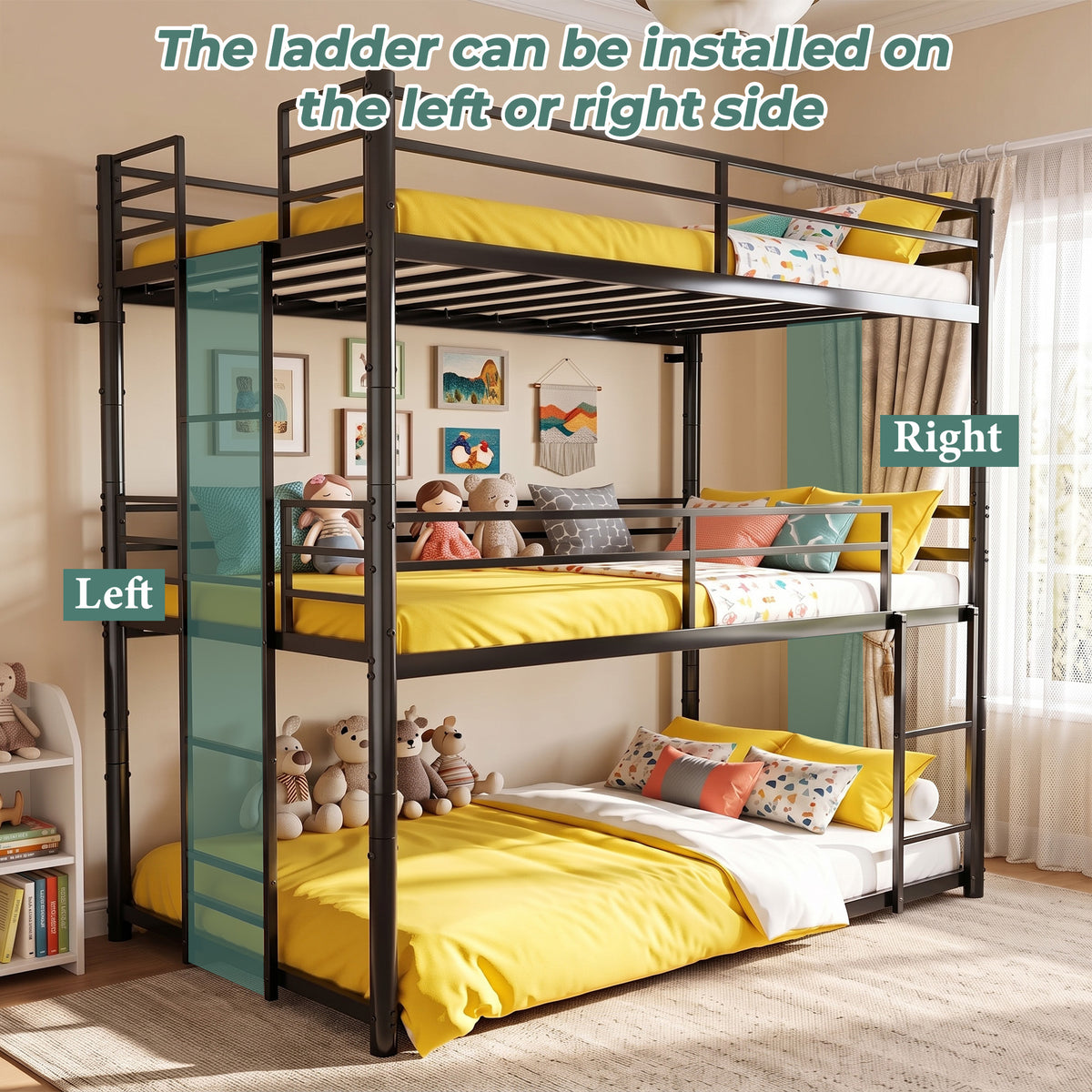 Kdymod Triple Bunk Bed Twin over Twin over Twin with Full-Length Guardrails & Reversible Ladder, Includes 3 Twin 6" Memory Foam Mattresses, Heavy-Duty Metal Bunk Bed Frame with Convertible Design