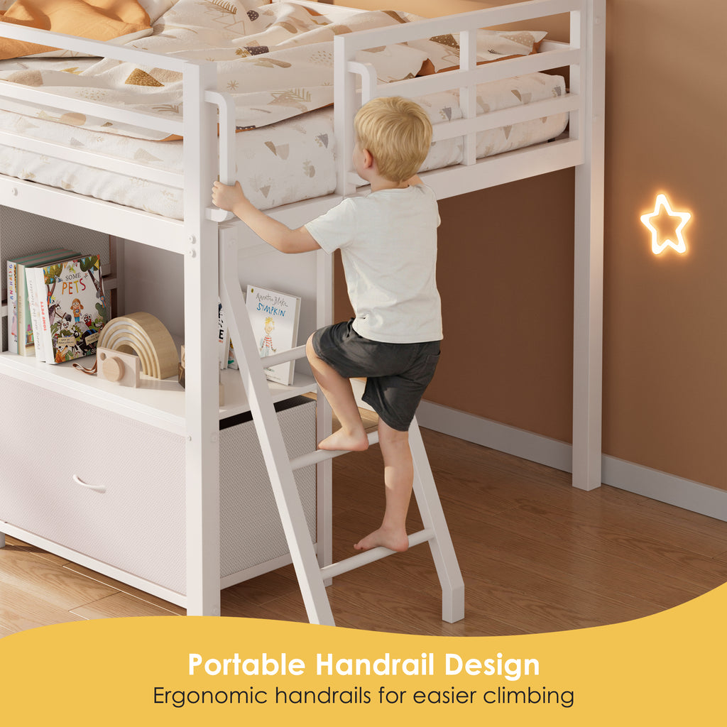 Kdymod Twin Loft Bed with 6 Storage Drawers & Shelf, Loft Bed with LED Lights & Play Curtain, Metal Loft Bed Frame with Ladder & Safety Guardrail, White