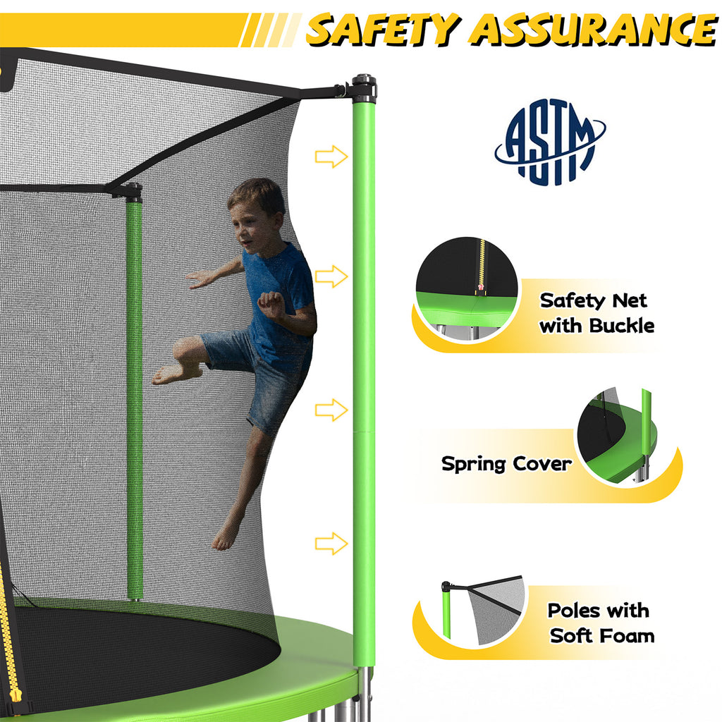 Mersco 10ft Trampoline for Kids,Outdoor Trampoline with Enclosure,Basketball Hoop and Ladder,Upright-Poled Backyard Trampoline PLAY for Family Fun,Birthday Gifts,Green