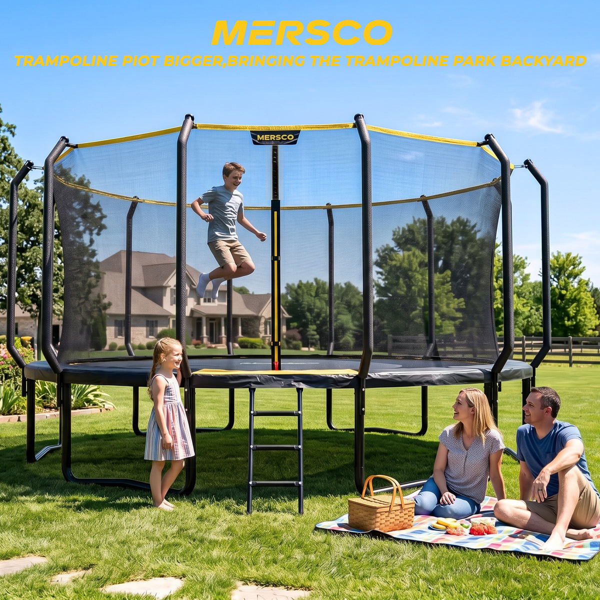 Mersco 15FT Kids Trampoline, Heavy Duty Outdoor Trampoline with Safety Enclosure Net and Upgraded Ladder for Backyard Family Fun, Jumping Trampoline SUPER