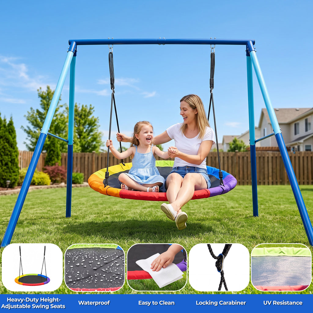 Mersco 60" Saucer Swing with Stand for Adults & Kids, Extra-Large Detachable Round Swing, 440 lbs Heavy-Duty A-Frame for Small Backyards & Camping,Blue