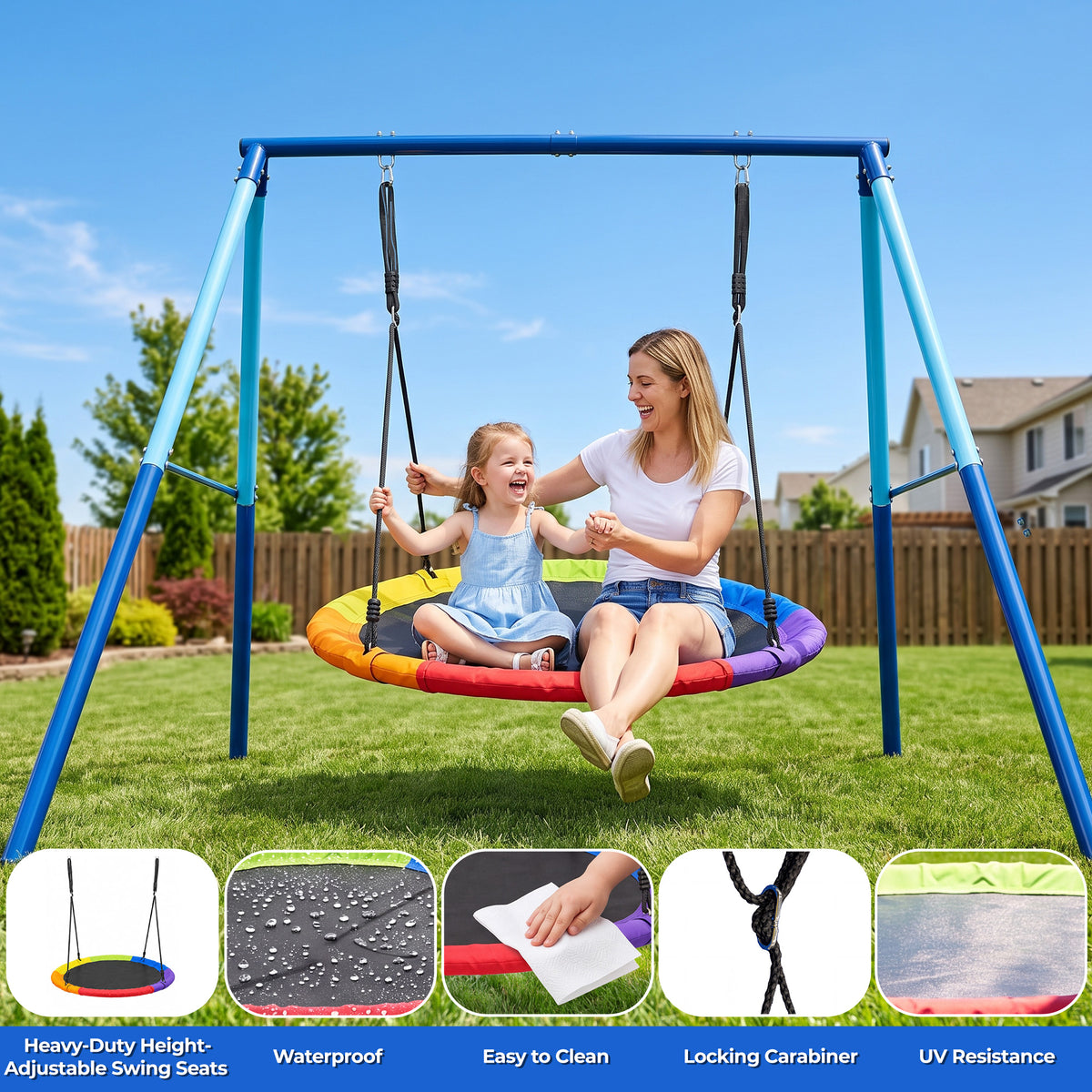 Mersco 60" Saucer Swing with Stand for Adults & Kids, Extra-Large Detachable Round Swing, 440 lbs Heavy-Duty A-Frame for Small Backyards & Camping,Blue