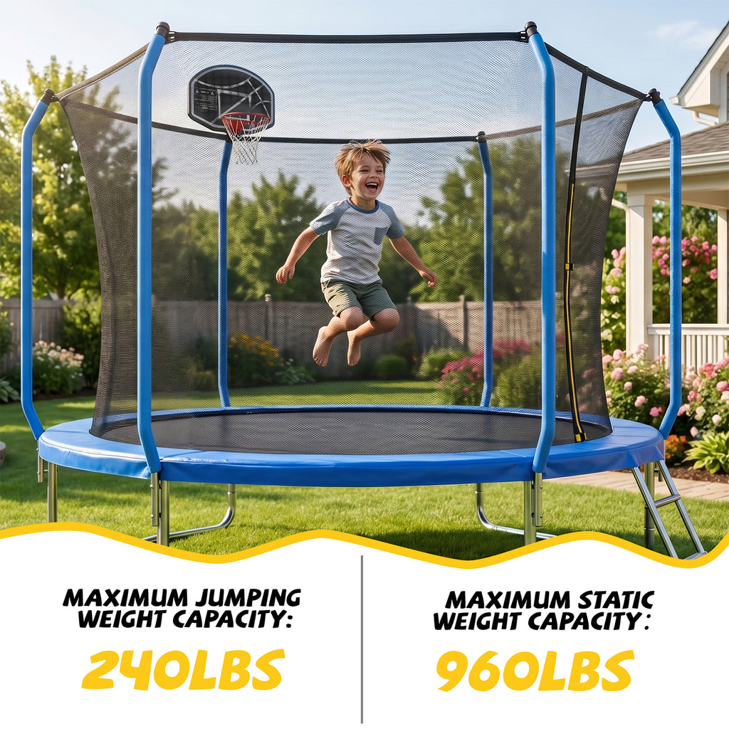 Mersco 10ft Trampoline for Kids and Adults,No-Gap Design Outdoor Trampoline with Basketball Hoop,Enclosure Net and Ladder,Jumping Trampoline SUPER for Boys and Girls Birthday Gift,Blue