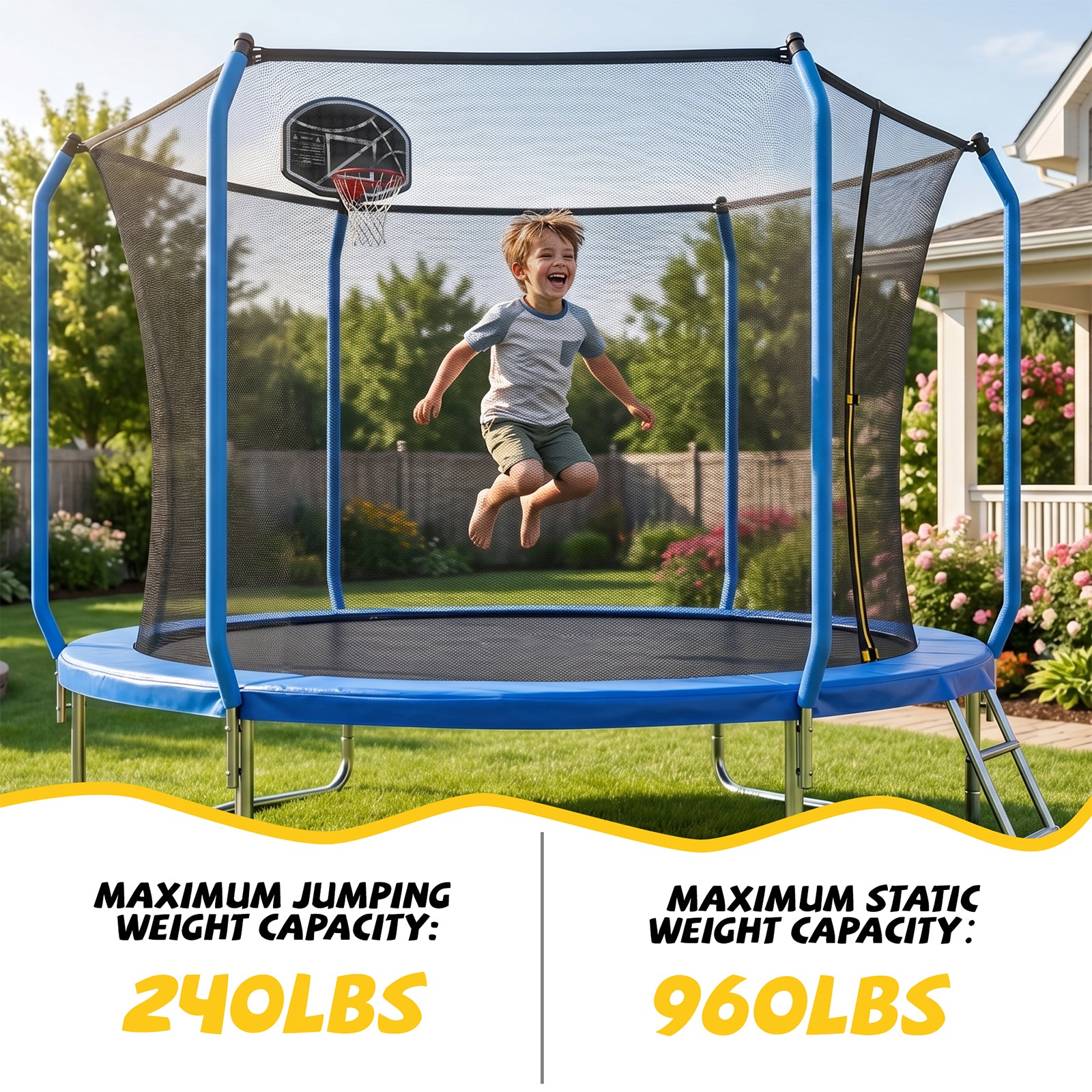 Mersco 10ft Trampoline for Kids and Adults,No-Gap Design Outdoor Trampoline with Basketball Hoop,Enclosure Net and Ladder,Jumping Trampoline SUPER for Boys and Girls Birthday Gift,Blue