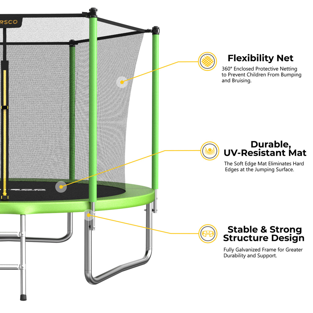 Mersco 10ft Trampoline for Kids,Outdoor Trampoline with Enclosure Net and Ladder,Upright-Poled Backyard Trampoline PLAY for Family Fun,Birthday Gifts,Green