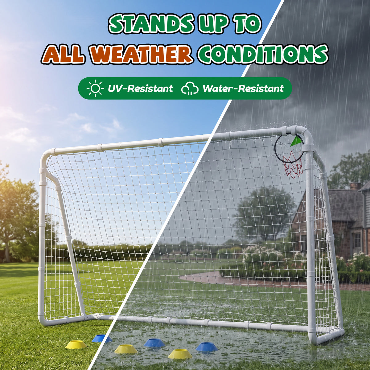 Mersco 10.5x6 FT Soccer Goal for Backyard,Heavy-Duty Metal Soccer Net,Outdoor Soccer Equipment Set, with 6 Soccer Cones & 5 Stakes, Soccer Goal for Kids and Adults,White