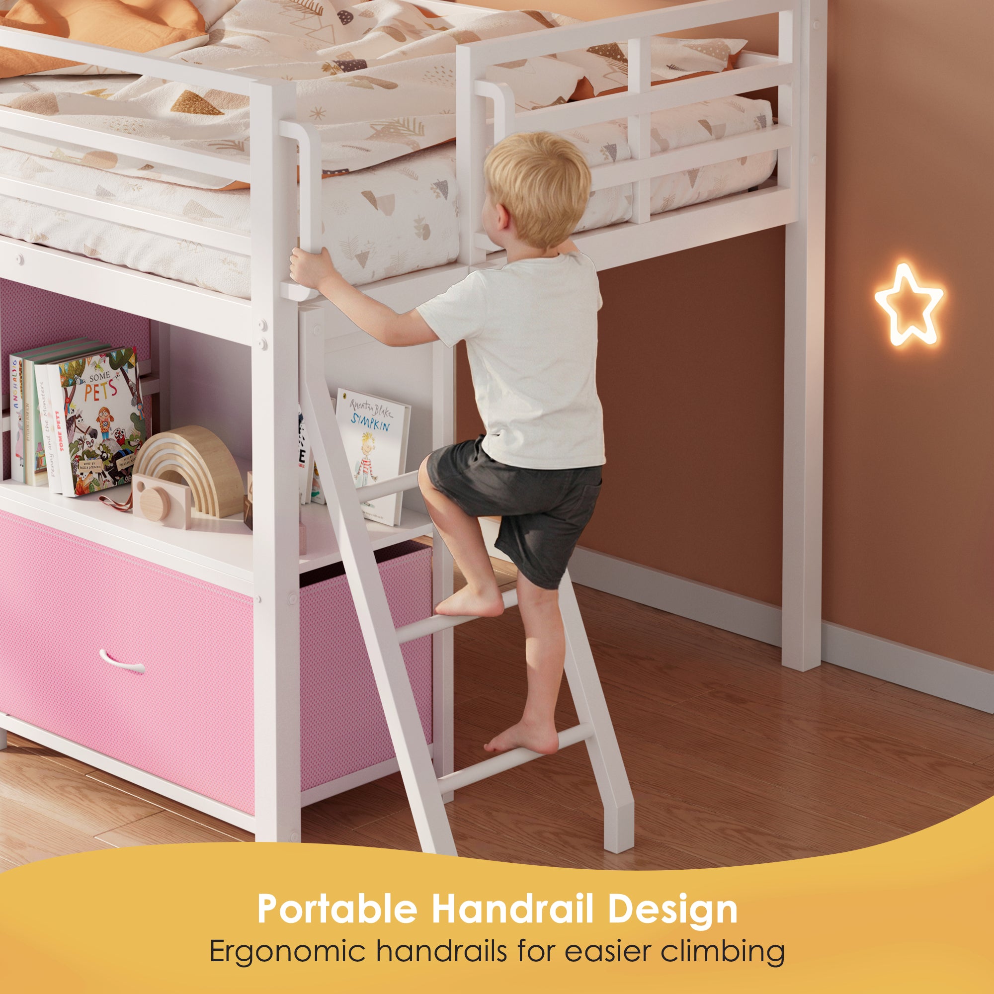 Kdymod Twin Loft Bed with 6 Storage Drawers & Shelf, Loft Bed with LED Lights & Play Curtain, Metal Loft Bed Frame with Ladder & Safety Guardrail, Pink