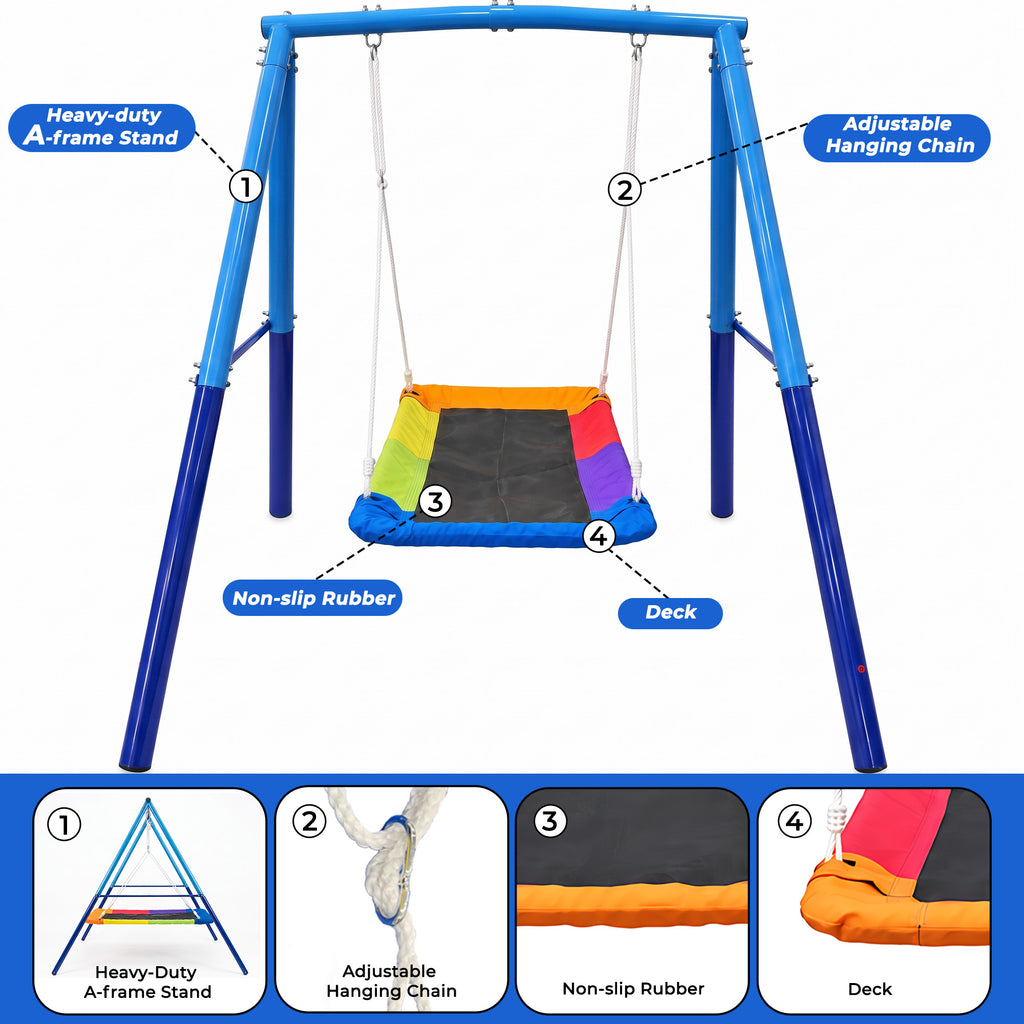 MERSCO 60" Extra Large Rectangle Swing Set with Stand, Heavy Duty Double A-Frame Metal Swing for Kids Ages 3-10, 440 lbs Capacity, 900D Oxford Rectangle Swing Seat, Outdoor Backyard Playset