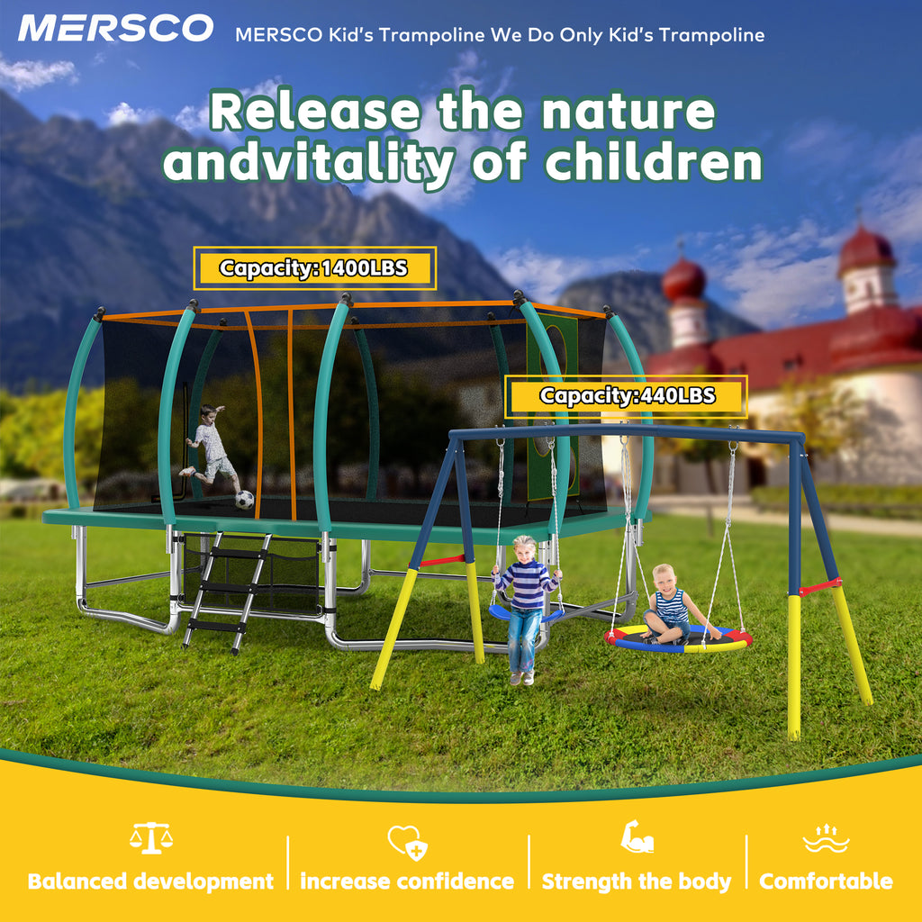 Mersco 10x16FT 4-in-1 Trampoline with Swing Set ,Enclosure Net, Recreational Trampoline, Outdoor Kids and Adults Trampoline for Backyard, Beach, Birthday Gifts ,Green
