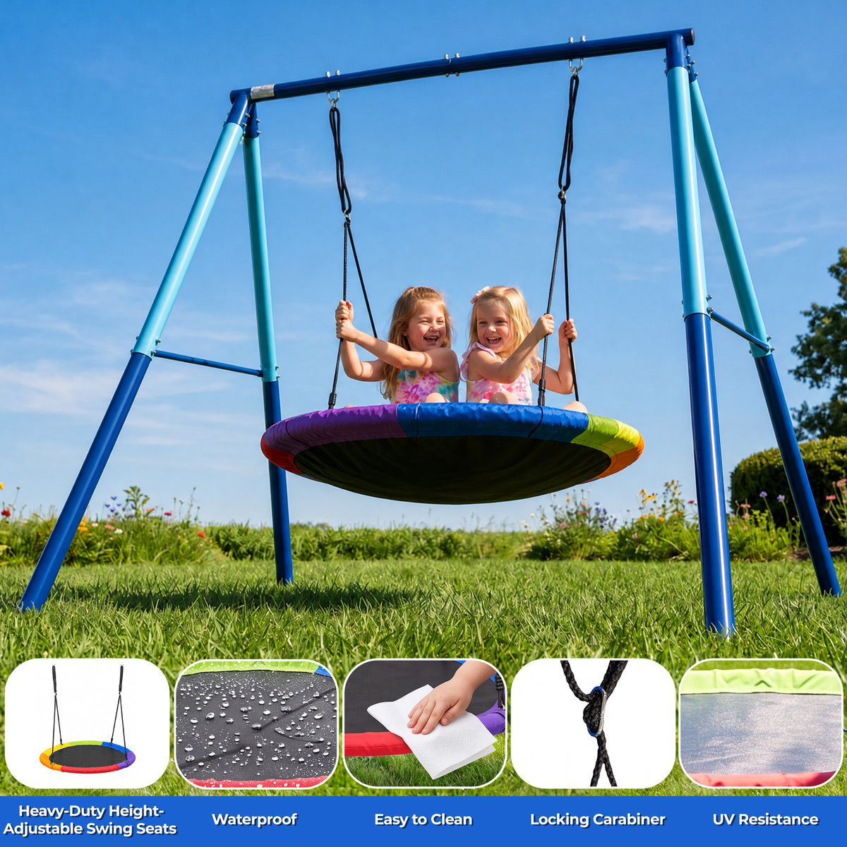 Mersco 48"Swing Set for Backyard with Stand,440 LBS Saucer Swing for Kids Outdoor with Heavy-Duty Metal Frame & Adjustable Ropes Round Swing,Blue