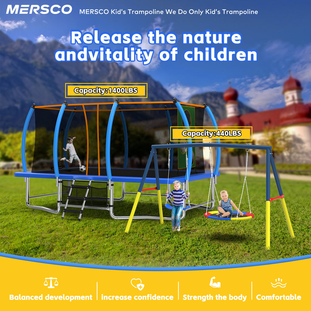Mersco 10x16FT 4-in-1 Trampoline with Swing Set , Enclosure Net, Recreational Trampoline, Outdoor Kids and Adults Trampoline for Backyard, Beach, Birthday Gifts ,Blue