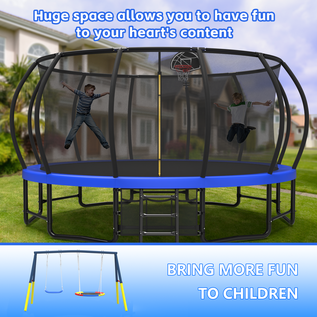 Mersco 15FT Heavy Duty Trampoline with Enclosure Net ,Swing Set Outdoor Big Trampoline for Backyard, Kids Trampoline with Basketball Hoop, Kids Birthday and Festival Gifts,Blue