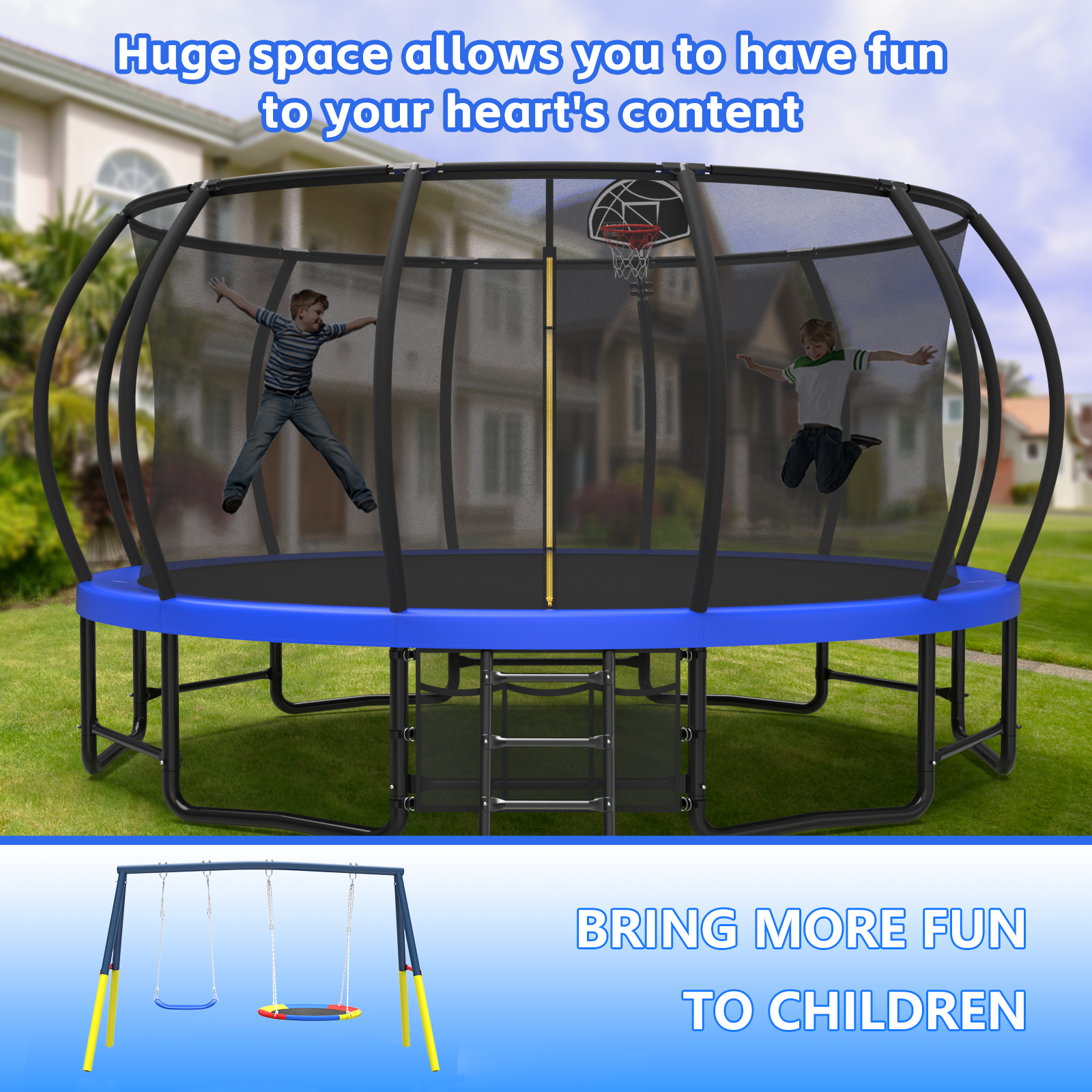 Mersco 15FT Heavy Duty Trampoline with Enclosure Net ,Swing Set Outdoor Big Trampoline for Backyard, Kids Trampoline with Basketball Hoop, Kids Birthday and Festival Gifts,Blue