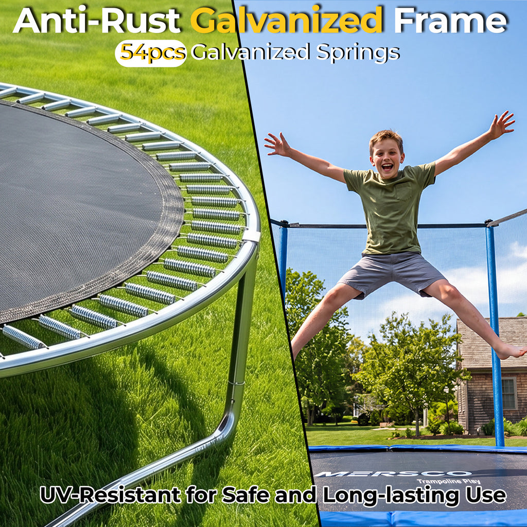 Mersco 10ft Trampoline for Kids,Outdoor Trampoline with Enclosure Net and Ladder,Upright-Poled Backyard Trampoline PLAY for Family Fun,Jumping Trampoline fo Birthday Gifts,Blue