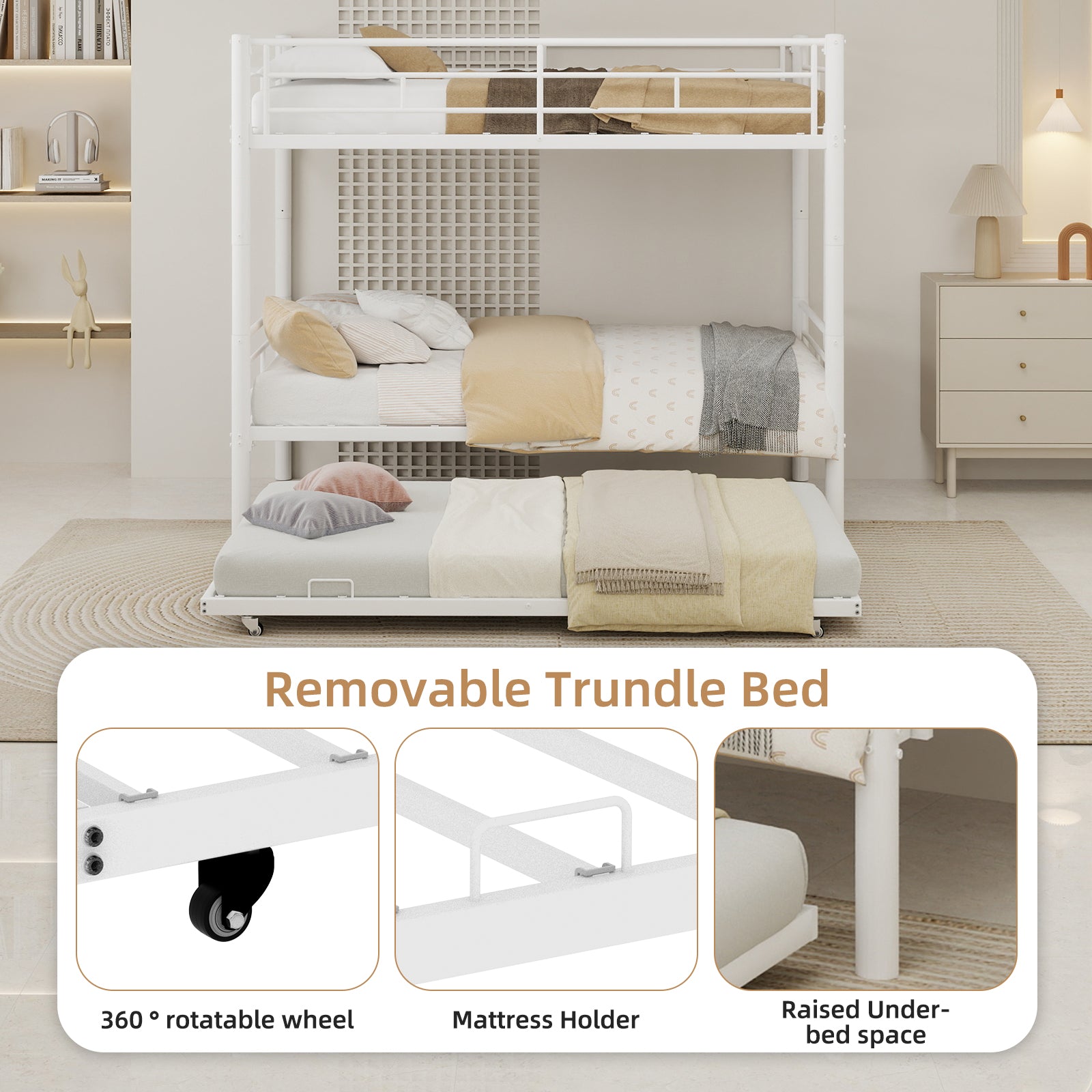 Uiowio Triple Bunk Bed Twin over Twin with Trundle,Triple Twin Bunk Bed with Ladder & Guardrail,Metal Convertible Triple Bunk Bed Frame for Teen & Adult,Bedroom,Dorm,White (Mattress not included)