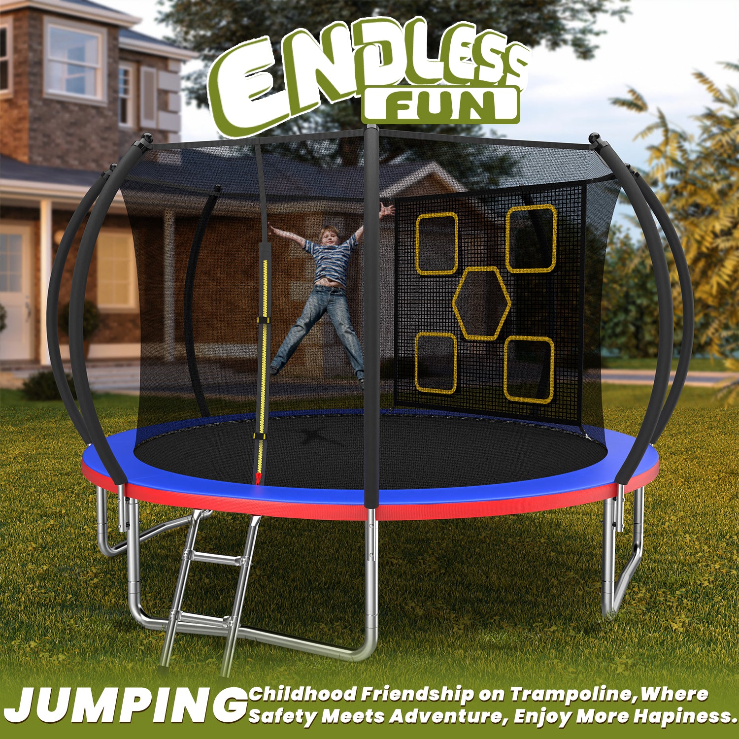 Mersco 12FT Trampoline for Kids with Mulifunctional Target Cloth,Outdoor Recreational Trampolines with Enclosure Net and Ladder,Jumping Trampoline SPACE for Boys and Girls Birthday Gifts,Multicolor