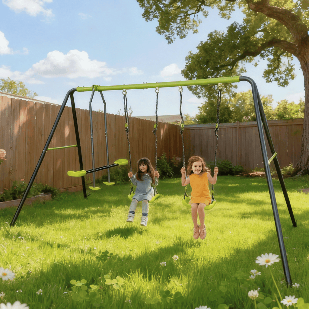 Mersco 3 in 1 Kids Metal Swing Seat for Backyard, Heavy-Duty Outdoor Playsets for Playground ,Outside Toys with Teeter-Totter and Two swing for Aged 3+,Green