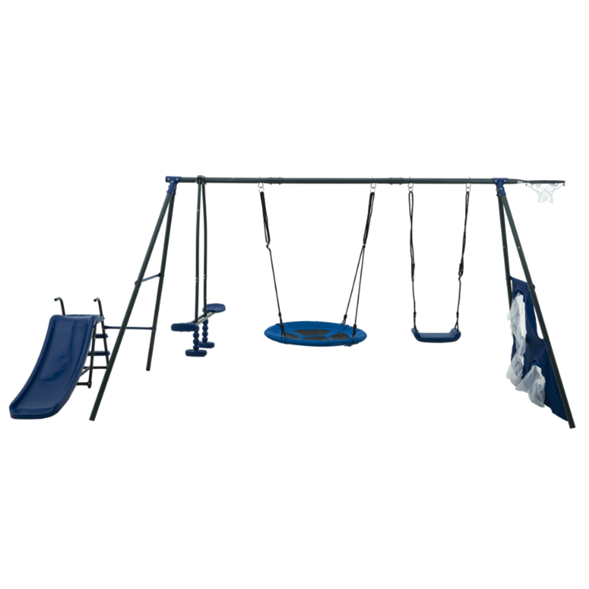 Mersco Saucer Metal Plastic Swing Set for Kids,6 in 1 Swing Sets for Outside,Heavy-Duty Playground Backyard Fun Set with Basketball Hoop,Saucer Swing,Rocking Horse,slide,soccer net &Swing for Kids