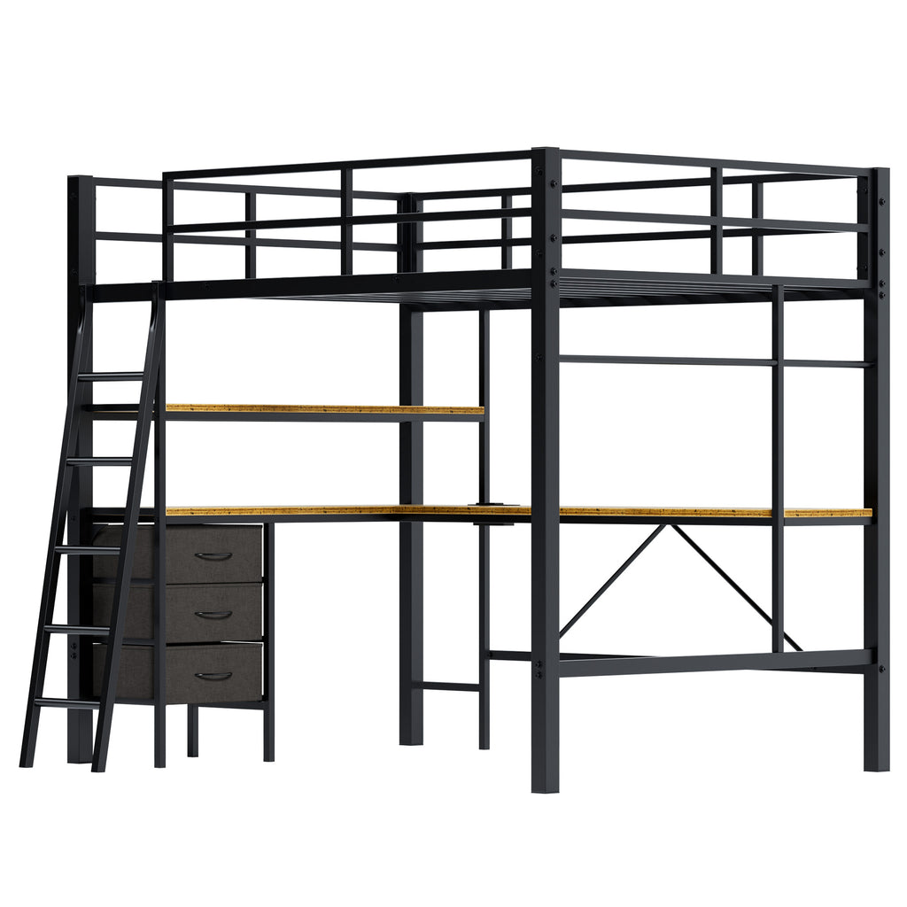 Uiowio Full Metal Loft Bed Frame with L-Shaped Desk & LED Lights & Charging Station, Loft Bed with 3 Fabric Drawers & 2 Storage Shelves, Safety Guard & Stairs, Black