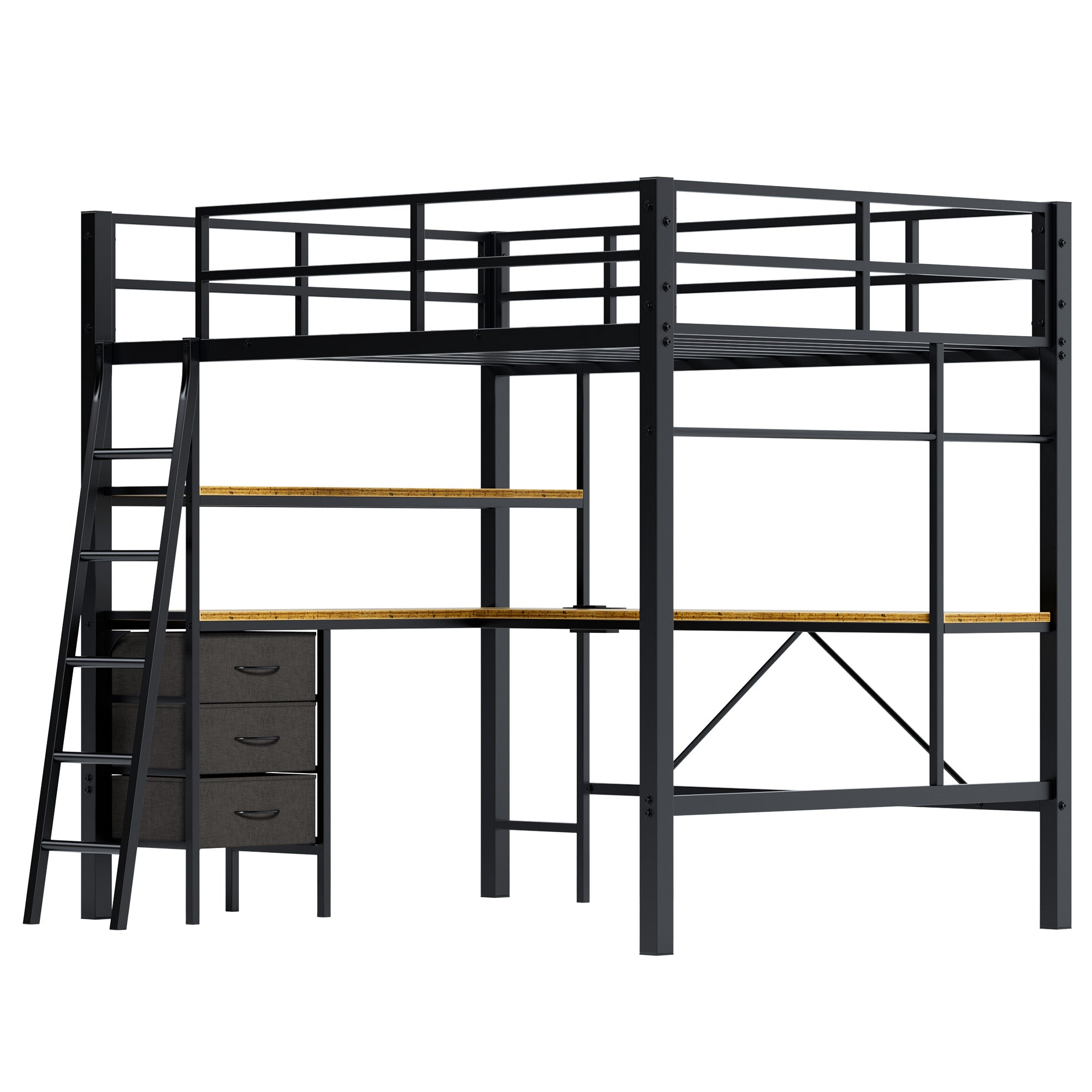 Uiowio Full Metal Loft Bed Frame with L-Shaped Desk & LED Lights & Charging Station, Loft Bed with 3 Fabric Drawers & 2 Storage Shelves, Safety Guard & Stairs, Black